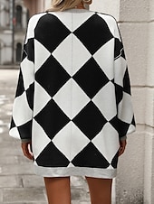 cheap Cardigans &amp; Outerwears-Women&#039;s Oversized Cardigan Open Front Knit Fall Winter Going out Fashion Streetwear Long Sleeve Geometric Color Block Black Blue