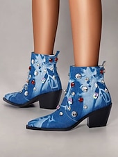 levne Cowboy &amp; Western Boots-dámské módní džínové kotníkové boty – kamínky zdobené blokovým podpatkem westernový styl na večírky a ležérní outfity