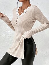abordables Couleurs unies-Femme Pull Chandail Décontractées Flexible Couleur monochrome A côtes Col V Dentelle Patchwork Boutons manche longue Hauts longs Tricoter Extérieur du quotidien Fin de semaine Abricot Automne Hiver