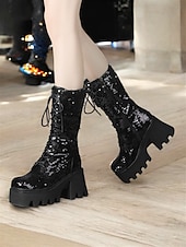 abordables Botas con plataforma-Botas de plataforma con cordones y lentejuelas para mujer: botas de tacón grueso brillantes en verde y azul para fiestas, festivales y cosplay