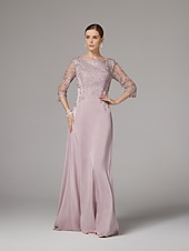 tanie Długość podłogi-Sukienka sheath na plażę Sukienka matki panny młodej Elegancka Dekolt bateau Długość do podłogi Satyna 3/4 długości rękaw z aplikacjami koronkowymi
