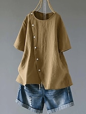 billige Skjorter-Dame Store størrelser Lin-inspirerte skjorter Bluse عادي Fritid Kortermet Crew-hals Vanlige topper Daglig Knapper Hvit Rosa Kakifarget Alle årstider