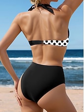 Недорогие Бикини-Женские купальники Бикини 2 предмета Обтягивающий купальник Без спинки Отпускной пляжный наряд в горошек С воротником-халтер Без рукавов