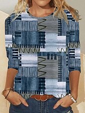 billige Stripe og geometrisk t-skjorte-Dame T skjorte Grafisk Mote Moderne Fritid Langermet Crew-hals Vanlige topper Daglig Helg Trykt mønster Blå Høst Vinter