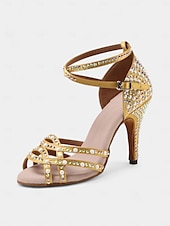 cheap Latin Shoes-Women&#039;s Gold Rhinestone-Embellished Latin Dance Shoes - Open-Toe Heels with Strappy Design for Ballroom, Salsa, and Special Occasions