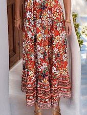 halpa Boho-mekot-Naisten Maksimekko Rento mekko Kellomekko A linjainen mekko Boho-mekko Vapaa-aika Päivittäin Normaali Kukka Lyhythihainen V kaula-aukko Rubiini Kesä Kevät Syksy