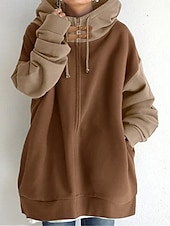 baratos Moletons e Sweatshirts Texturizados-moletom feminino com capuz moletom casual simples rua diário moletom patchwork bolso com zíper manga comprida preto café outono inverno