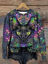 abordables Animaux Tops-pull femme décontracté chat vêtements de tous les jours décontracté col rond imprimé manches longues violet automne hiver