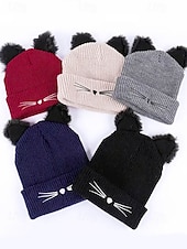 cheap Women&#039;s Hats-Women&#039;s Cute Cat Ear Beanie – Burgundy Knit Hat with Faux Fur Ears and Whisker Embroidery, Cozy and Stylish Winter Accessory