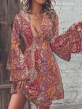 abordables Robes Bohémiennes-Femme Mini robe Robe casual Robe Évasée Robe Trapèze robe boheme Bohême Rétro Vintage Décontractées du quotidien Standard Floral Cachemire manche longue Col V Rouge Bleu Arc-en-ciel Eté Printemps