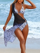 abordables Ensemble bikini 3 pièces-Femme Maillots de Bain Bikinis 2 pièces Jupe Maillot de bain Dos Nu Mince Vacances Tenues de plage Léopard Dos nu Sans Manches Maillots de bain