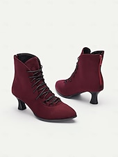 cheap Vintage Boots-Women&#039;s Burgundy Lace-Up Victorian Ankle Boots – Elegant Suede Heeled Footwear for Formal Occasions and Vintage Style