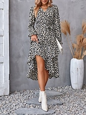 ieftine Rochii florale elegante-rochie midi dama cu decolteu in V cu maneca lunga vara primavara