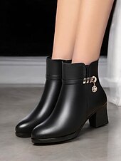 baratos Botas de tornozelo-botins femininos pretos - couro sintético com forro de pelúcia, zíper lateral e salto bloco para moda de inverno e uso casual