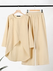 ieftine Seturi-Pentru femei Seturi inspirate de in Seturi din două piese Tricou Pantaloni cu picioare largi Manșon Lung Culoare solidă Negru Albastru piscină Kaki Primăvară Fit regulat