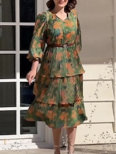 abordables Robes fleuries élégantes-robe midi à fleurs pour femmes, col en V, manches longues, été, printemps
