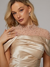 cheap CHAMPAGNE-A-Line Evening Gown Elegant Dress Formal Floor Length Short Sleeve Illusion Neck Satin with Ruched Beading