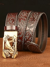 رخيصةأون أحزمة رجالية-حزام جلدي بني للرجال بتصميم تنين منقوش وإبزيم ذهبي - طراز عتيق، مثالي للارتداء الرسمي وغير الرسمي