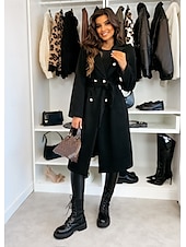 cheap Coats &amp; Trench Coats-Women&#039;s Coat Warm Comfortable Buttons With Belt Elegant Solid Color Casual Daily Double Breasted Lapel Regular Fit Long Sleeve Outerwear Black Red Apricot Winter