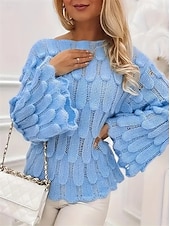 cheap Solid Colors-Women&#039;s Sweater Casual Soft Pure Color Ribbed Crew Neck Knitted Long Sleeve Regular Tops Knit Outdoor Daily Weekend Blue Fall Winter