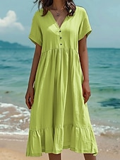 abordables concevoir des robes en coton et lin-Femmes Robe Midi Robes en coton et lin Robe d&#039;été Mode Occasionnel Quotidien Coupe régulière Couleur Unie Manche Courte Col en V Vert Claire Vert foncé Orange Gris foncé Été