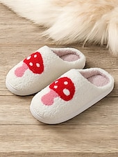 economico Ciabatte e infradito da donna-pantofole da interno nere comode da donna con ricamo a forma di fungo rosso - fodera in peluche, suola antiscivolo, perfette per il relax invernale in casa