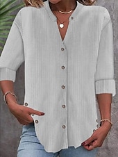 cheap Work Tops-Women&#039;s Shirt Blouse Striped Basic Casual Long Sleeve Bishop Sleeve V Neck Regular Tops Daily Patchwork Buttons Pink Blue Gray Fall Winter