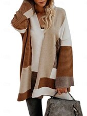 billige Cardigans og yttertøy-Dame Genser Kofte Fritid Myk Stripet Riflet Åpen Forside Strikket Langermet Lange topper Strikke utendørs Daglig Helg Vin Brun Høst Vinter