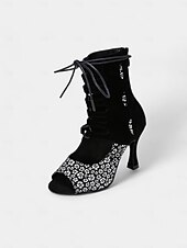 tanie Buty do tańców latynoskich-damskie sznurowane buty do tańca z odkrytymi palcami i wysokim obcasem – czerwony kwiatowy wzór z czarnym wycięciem do tańca latynoskiego i salsy
