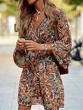 economico Abiti boho-Per donna Mini abito Abito casual Abito linea A Abito boho Vintage Etnico Informale Giornaliero Standard Floreale Manica lunga A V Marrone Estate Primavera Autunno