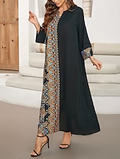 abordables Robes Bohémiennes-Femme Robe Maxi Robe casual Robe Caftan robe boheme Décontractées du quotidien Standard Géométrique Manches 3/4 Col cranté Noir Printemps Automne