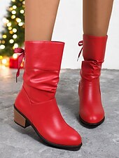 olcso Slouch Boots-piros műbőr lábszárközépig érő női csizma masnival és blokksarkúval – ünnepi téli lábbeli karácsonyra és bulikra