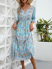 ieftine Rochii Boho-Pentru femei Rochii Midi Rochie casual Rochie leagăn Rochie A line Rochie Boho Casual Zilnic Fit regulat Floral Lungime Manșon 3/4 În V Roz Îmbujorat Albastru piscină Caisă Vară Primăvară Toamnă