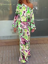 abordables Ensembles chemisiers pour femmes-Femme Robe Ensemble Robe casual Jupe Ensemble Décontractées Bloc de couleur A côtes Robe Maxi manche longue Une Epaule Extérieur du quotidien Rouge Bleu Ciel Vert Printemps Automne Standard