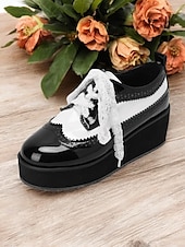 preiswerte Damenschnürschuhe-schwarz-weiße Damen-Brogue-Oxfords mit Plateausohle – Schnürschuhe aus Vintage-Lackleder mit dicker Sohle