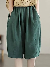 preiswerte Schlichte Hose aus Baumwollleinen-Damen Baggy Shorts Kurze Hosen Knielänge Feste Farbe Dunkelgrün Aprikose Khaki Sommer