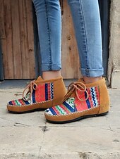 cheap Ankle Boots-Women&#039;s Boho Ankle Boots with Ethnic Print Panels, Tassel Lace-Up Design, and Comfortable Low Sole – Perfect for Casual and Festival Wear