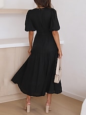 cheap Black Dress-Women&#039;s Casual Dress Mini Dress Ruffle Casual V Neck Half Sleeve Black White Fuchsia Color