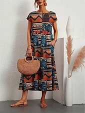 billiga Bohemklänningar-Dam Maxiklänning Vardagsklänning Swingklänning Boho-klänning Vintage Ledigt Dagligen Normal Blommig Färgblock Kortärmad Rund hals Gul Rubinrött Blå Sommar Vår Höst
