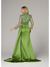 preiswerte GRÜN-Meerjungfrau Abendkleid Elegantes Kleid Formelle Sweep  Brush Train Lange Ärmel Hoher Hals Satin mit Perlen Pailletten