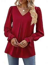 economico Top eleganti-Per donna Camicia Blusa Tinta unica Essenziale Informale Manica lunga A V Top regolari Giornaliero Rosso Fucsia Cachi Autunno Inverno