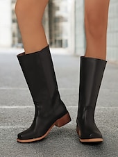levne Cowboy &amp; Western Boots-dámské hnědé westernové kovbojské boty z umělé kůže - výška do půl lýtek s naskládaným podpatkem pro ležérní outfity a outfity ve venkovském stylu
