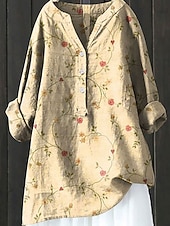 economico Camicie Finte Essenziali-Per donna Camicia Finto cotone e lino Manica Lunga Scollo a V Giallo Verde Primavera Autunno