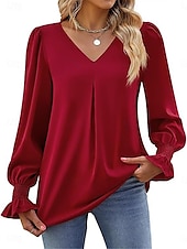 economico Top eleganti-Per donna Camicia Blusa Tinta unica Essenziale Informale Manica lunga A V Top regolari Giornaliero Rosso Fucsia Cachi Autunno Inverno