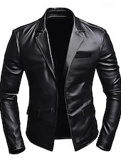 billige Herre Klassiske Blazere-menns pu skinn blazer frakk sport frakk svart kontorarbeid blazer jakke mote uformelt polyester kunstskinn enkeltspent blazer