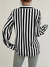 cheap Stripe&amp;Geometric Tops-Women&#039;s Shirt Striped Casual Long Sleeve Shirt Collar Regular Tops Work Daily Buttons Print Black Spring Fall Winter