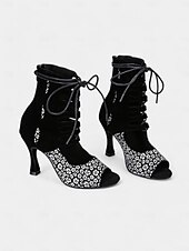 tanie Buty do tańców latynoskich-damskie sznurowane buty do tańca z odkrytymi palcami i wysokim obcasem – czerwony kwiatowy wzór z czarnym wycięciem do tańca latynoskiego i salsy