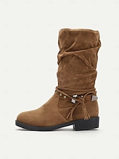 levne Slouch Boots-dámské polobotky z umělého semiše do půli lýtek s cvočkovým páskem a detaily se střapcem – ležérní boho styl na podzim a zimu