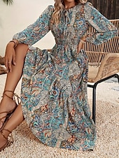ieftine Rochii Boho-Pentru femei Rochie Maxi Rochie casual Rochie leagăn Rochie A line Rochie Boho Boemia Epocă Έθνικ Zilnic Fit regulat Imprimeu Paisley Manșon Lung Stil Nautic Albastru piscină Vară Primăvară Toamnă
