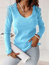 voordelige Dames eenvoudige tops-Dames Overhemd Blouse Effen Kleur Basic Casual Lange mouw V-hals Normale tops Dagelijks Lapwerk Sierstenen blauw Herfst Winter